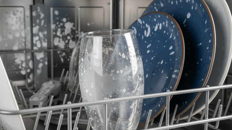Cloudy spots from hard water in Sacramento on dishes and dishwasher interior.