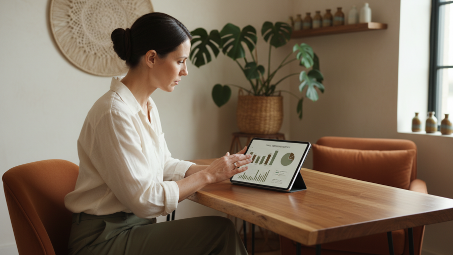Engaged spa manager analyzing email marketing metrics on a tablet in a serene spa office.