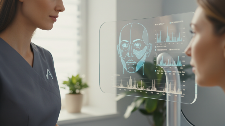 Close-up of a practitioner analyzing digital diagnostic data, showcasing Biotech Integration in the Spa and Wellness Industry.