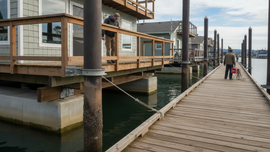 A floating home resident checks the dock connection, showcasing sustainable living.