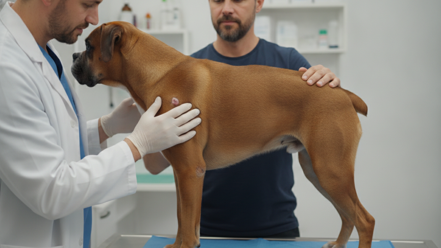 Veterinarian examines a dog's skin lump, highlighting how to tell cysts from tumors.