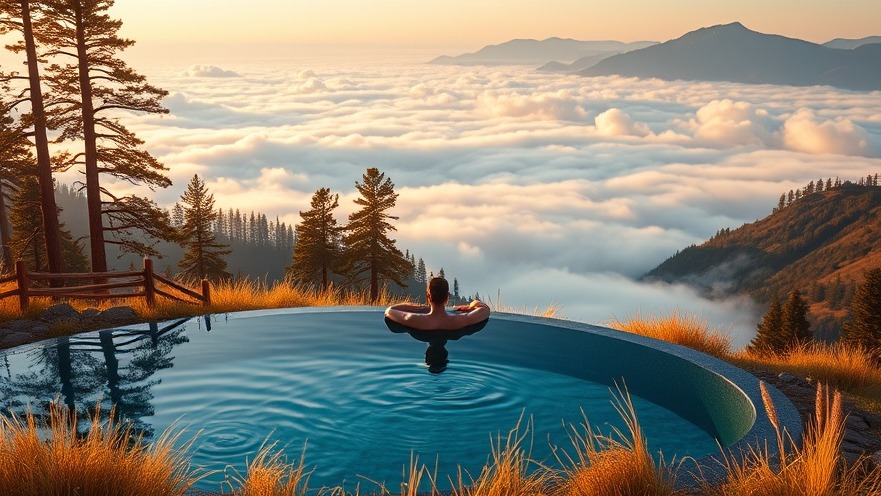 Photorealistic image of a person in an infinity pool overlooking a misty valley.