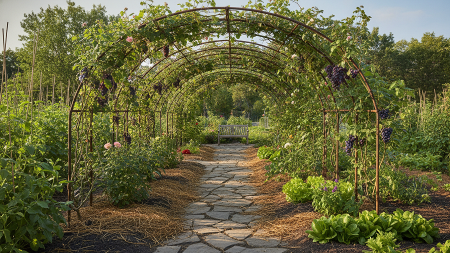 DIY arch trellis for Sacramento gardens with metal framing and climbing vegetables.