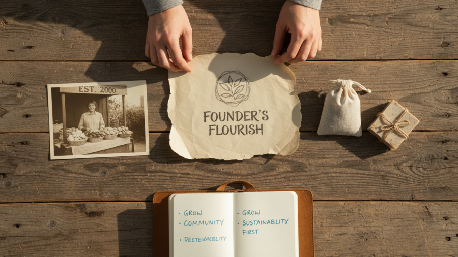 Nostalgic flat-lay of small business beginnings highlighting consumer relationships and brand storytelling.