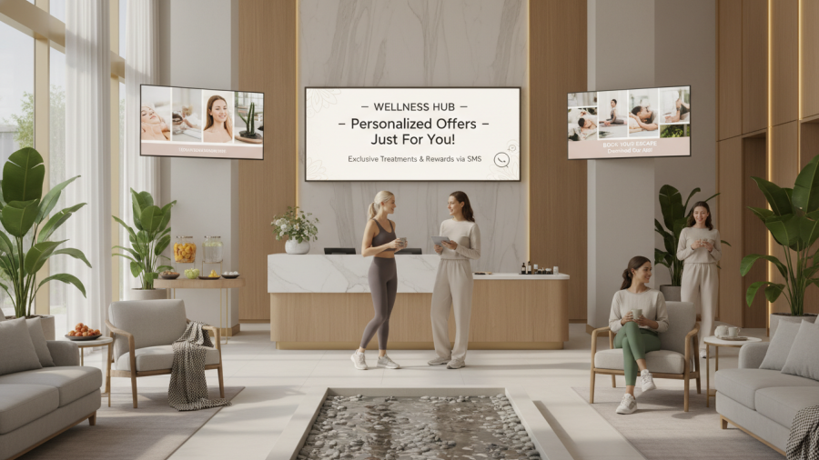 Modern spa lobby showcasing spa marketing automation with clients at the reception.