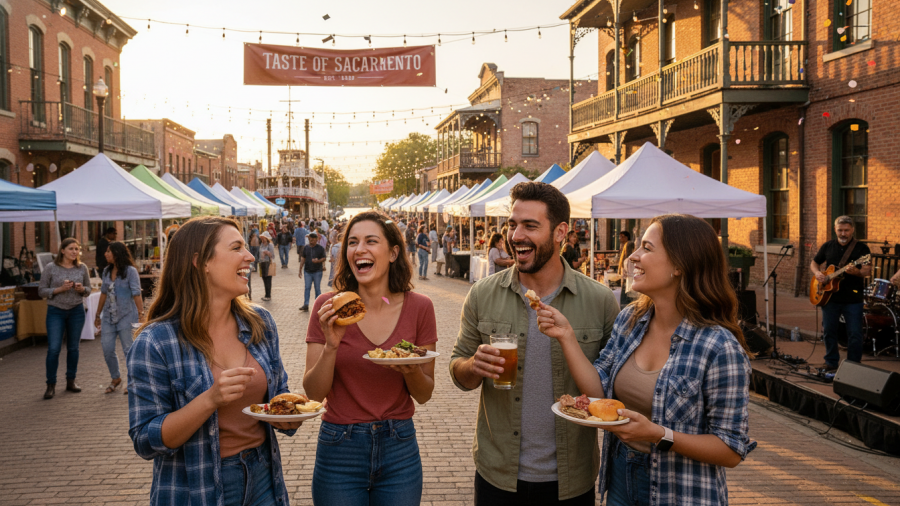 Friends enjoying food events in historic Old Sacramento.