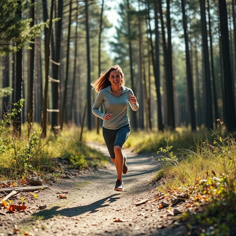 young woman running on a forest trail. symbolizing health leadership.