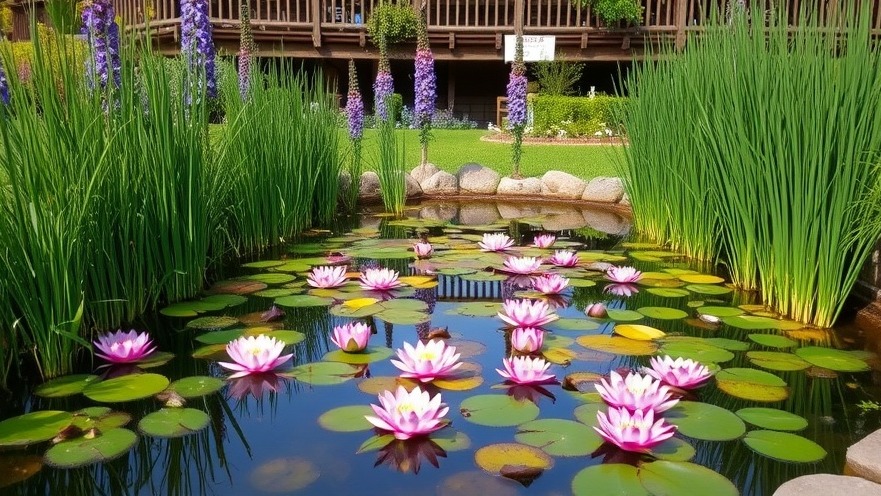 Tranquil garden pond with blooming pink water lilies at Stanford Inn