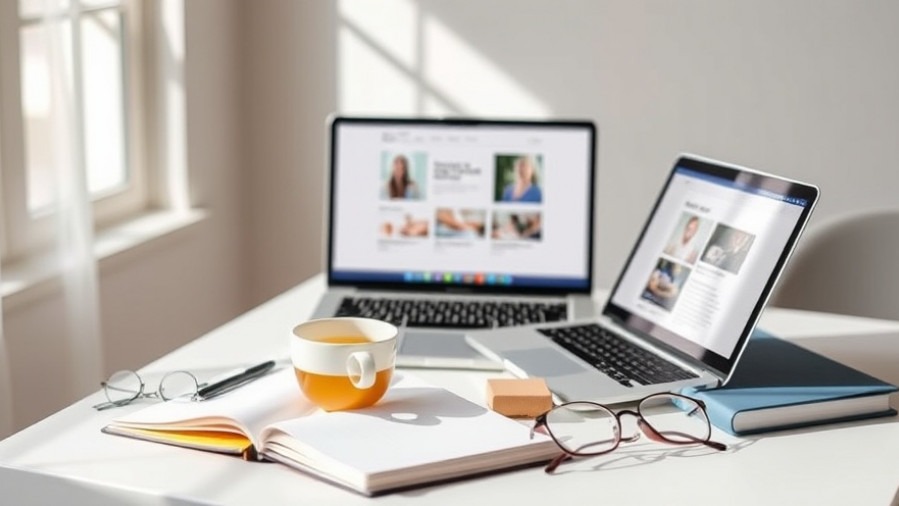 Modern workspace for spa professionals with laptop, tea, and notebooks.