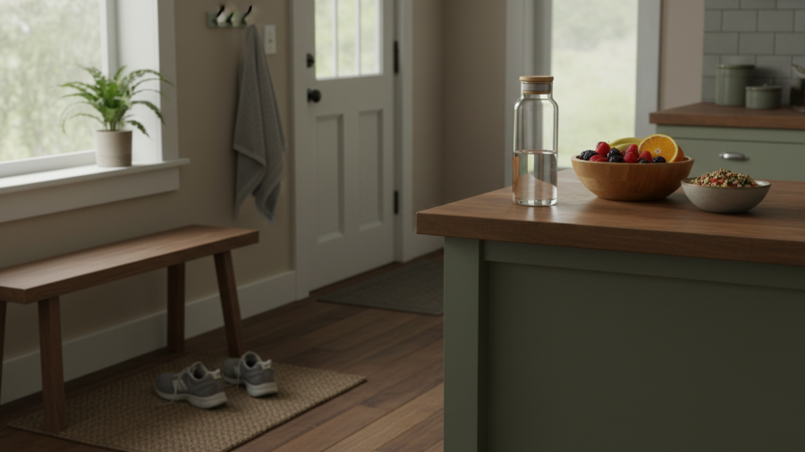 Home entryway promoting fitness motivation with healthy snacks and water bottle.