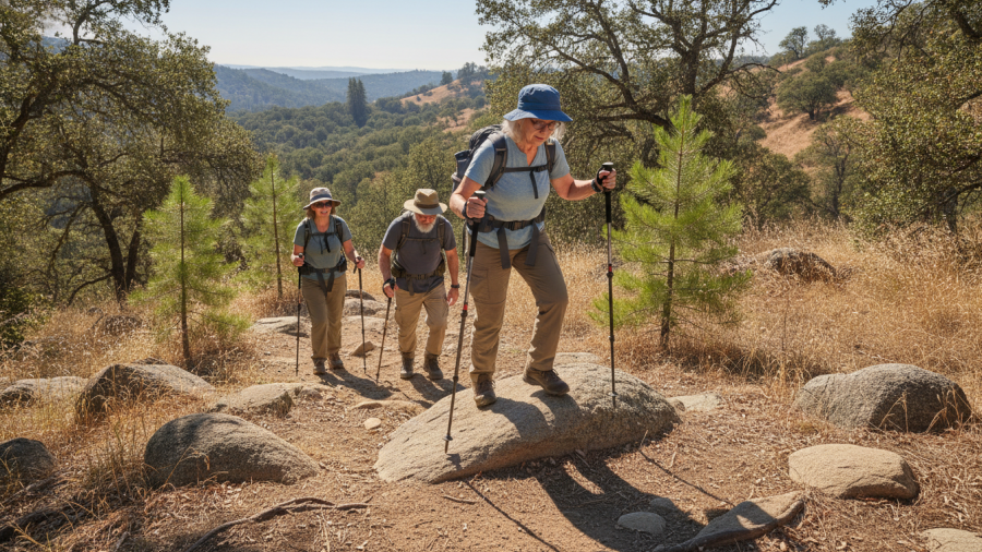 Hikers demonstrate mobility and flexibility on a Northern California trail, showcasing practical movement.