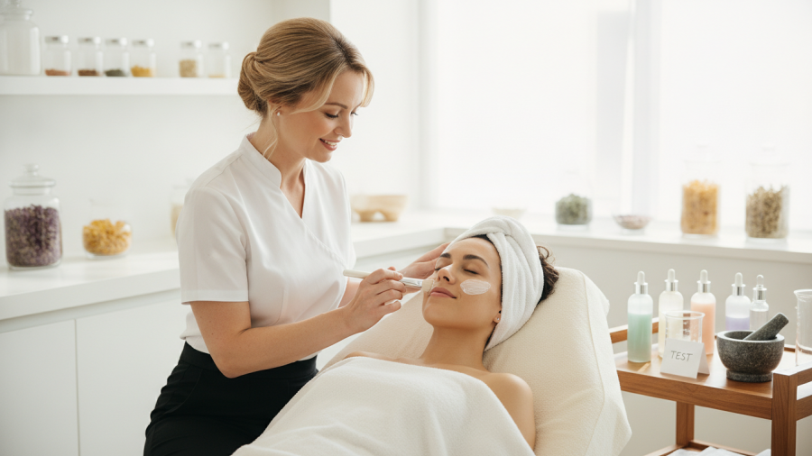 Spa professionals testing rosacea treatment on clients in a serene setting.