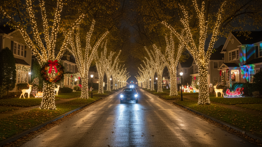 B Street Theatre Sacramento neighborhood adorned with holiday traditions and festive lights.