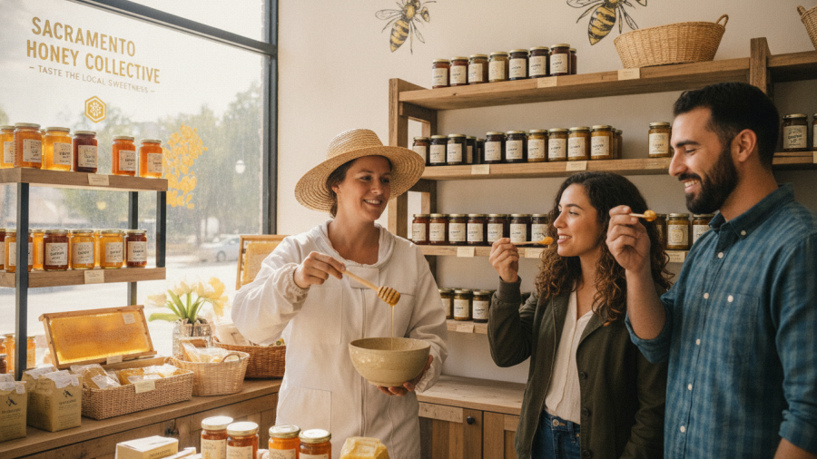Beekeeper serves local honey samples to customers in Sacramento shop.