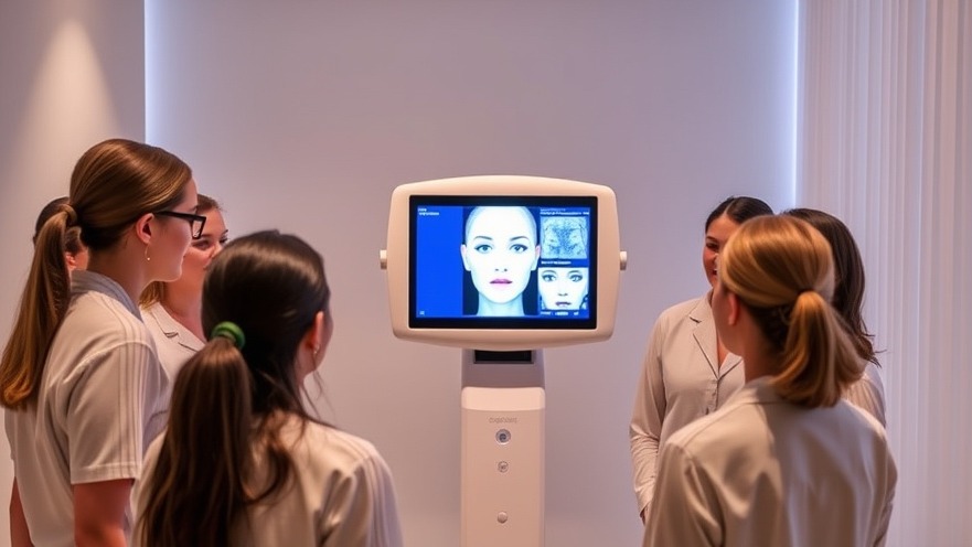 Spa manager training staff on AI skin analysis device for tech-driven wellness.
