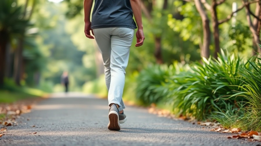 Stress management through relaxed walking in a peaceful, green setting.