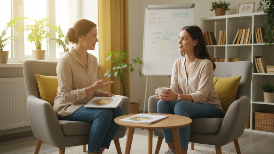 Warm consultation between dietitian and client addressing eating issues