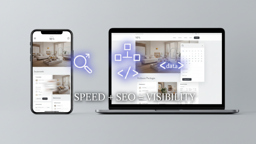 Modern spa website displayed on devices emphasizes fast SEO-friendly user experience.