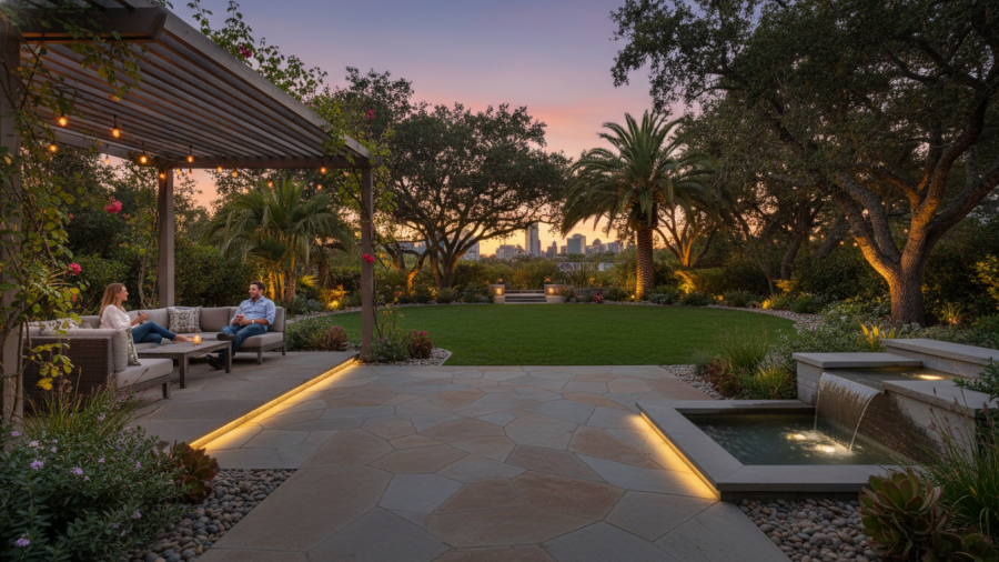 Modern Sacramento backyard with stone patio and homeowners relaxing amid lush landscaping.