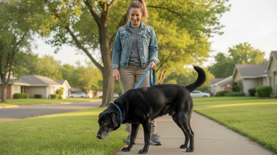 Senior black Labrador enjoying a walk, embodying healthy aging for dogs in Sacramento.