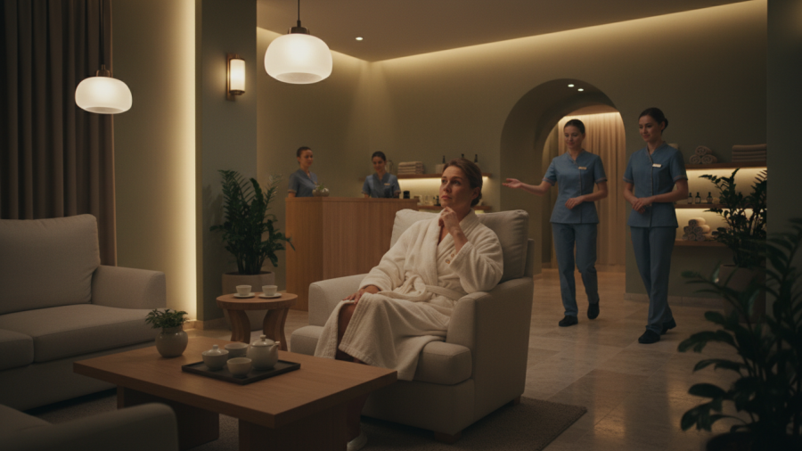 Relaxed guest in a soothing spa lounge, exemplifying comfort and professionalism.
