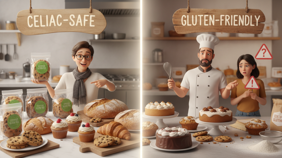 Compare celiac-safe vs gluten friendly bakery items highlighting food safety.