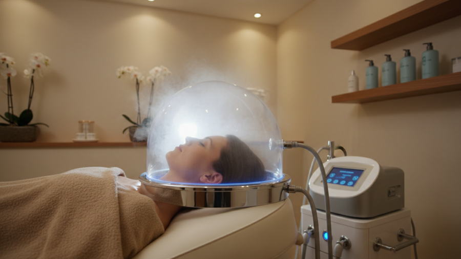 Luxury oxygen facial treatment using a professional oxygen facial device.