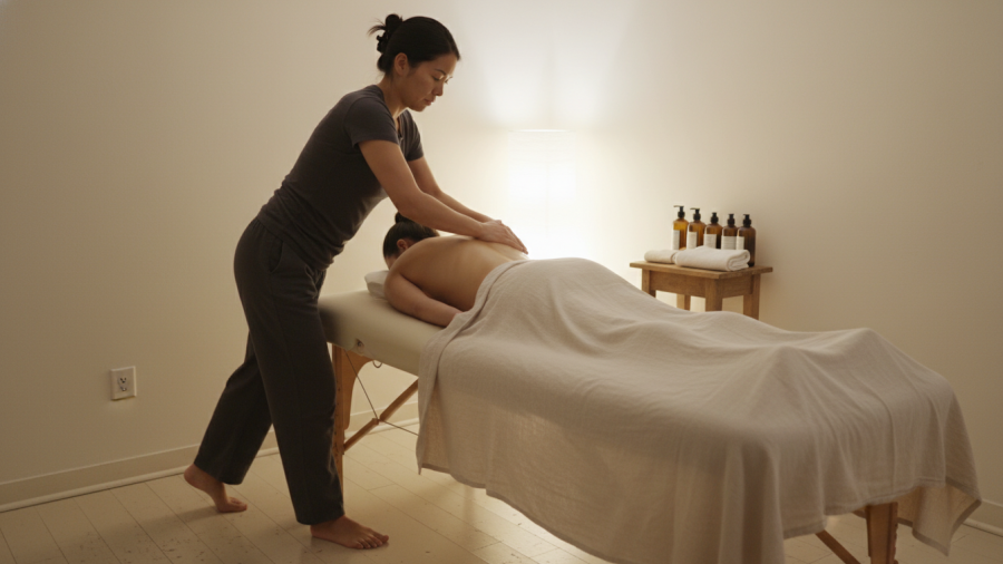 Lomi Lomi massage session showcasing natural draping and flowing techniques.