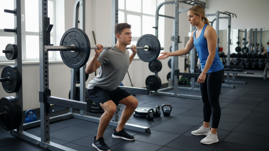 Young athlete perfects barbell squat with coach supervision, focusing on strength training.