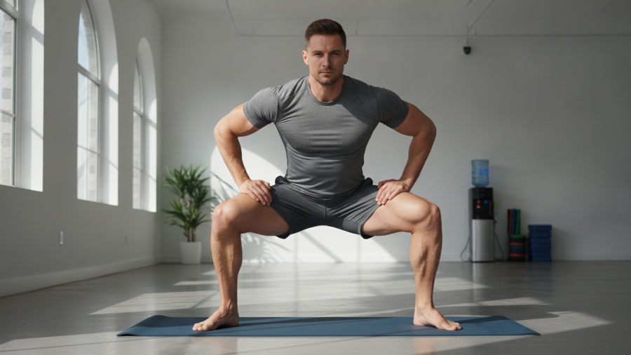 Man doing sumo squat stretch for hip mobility in a Sacramento fitness studio.