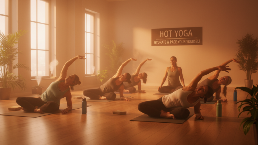 Hot yoga practice for beginners, emphasizing hydration and heat adjustment.