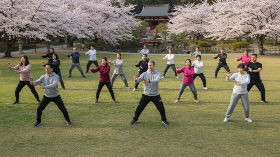 Diverse group practicing tai chi in Sacramento outdoors for stress relief and relaxation.