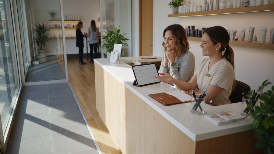 Welcoming front desk interaction at a holistic health spa emphasizing natural beauty treatment.