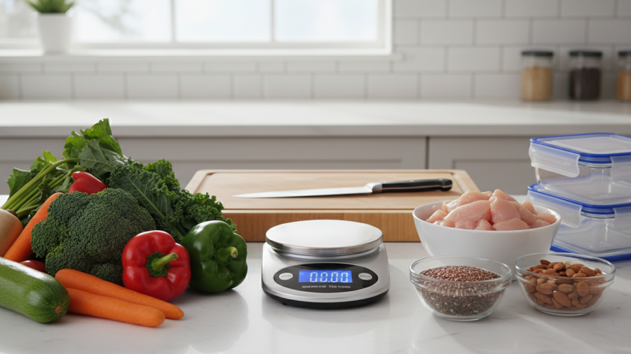 Creating healthy dog meals through balanced raw feeding with measured ingredients.