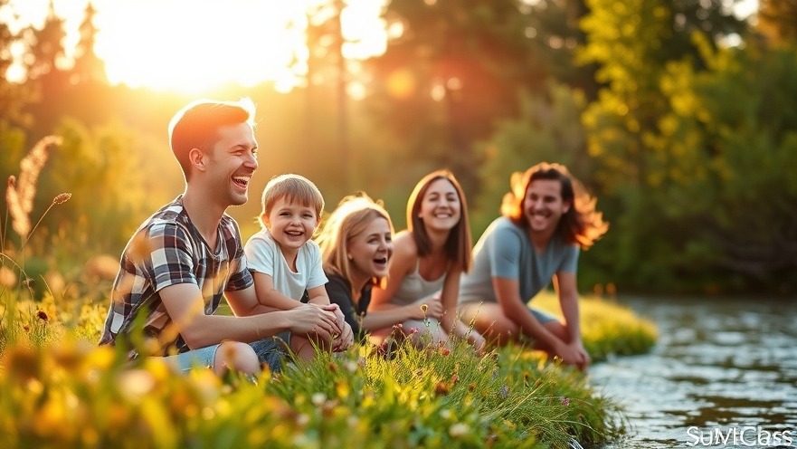 Family enjoying nature at sunset, surrounded by greenery and wildflowers.