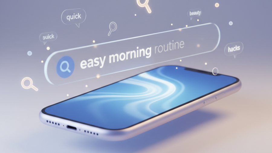 Stylized TikTok search bar on a smartphone, highlighting TikTok SEO best practices.