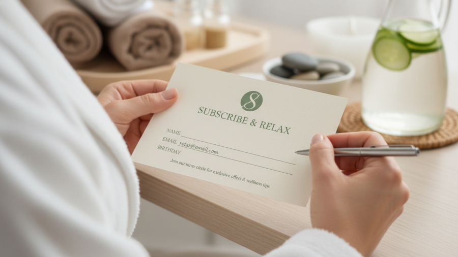 Hands completing spa email sign-up notecard for effective spa marketing