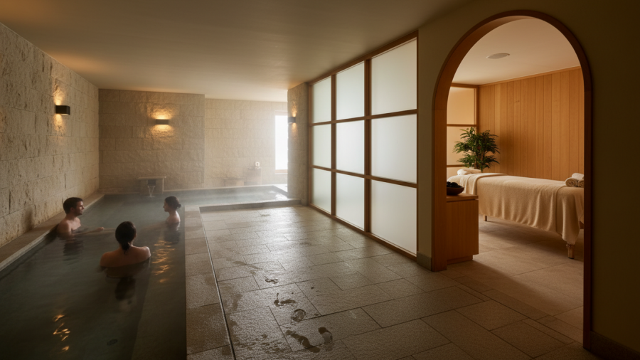 Comparing communal bathhouse spa experience vs private treatment room.