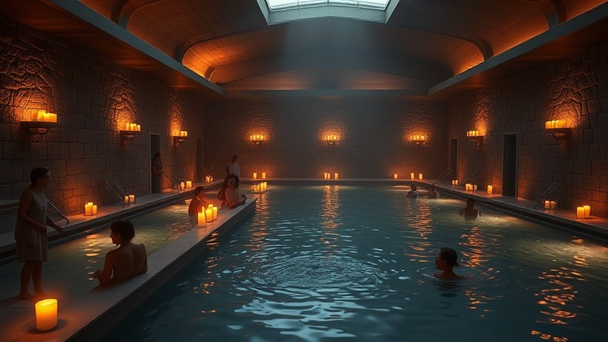 Candlelit thermal bath with Roman and Turkish influences, serene warm water pools.