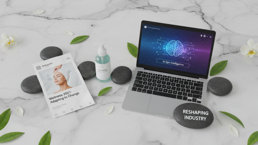 Collage of 2021 Instagram update, sanitizer, and AI interface on marble.