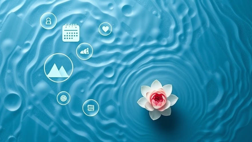 Tranquil blue-gray water ripple background with AI interface elements and a lotus flower.