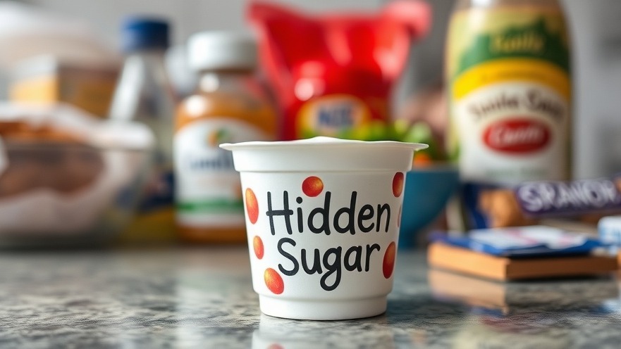 Close-up of flavored yogurt with 'Hidden Sugar' label, highlighting sugar impact on cognition.