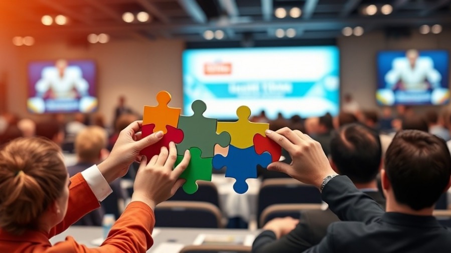 Colorful hands collaborating on puzzle pieces in an educational conference, showcasing AI in marketing.