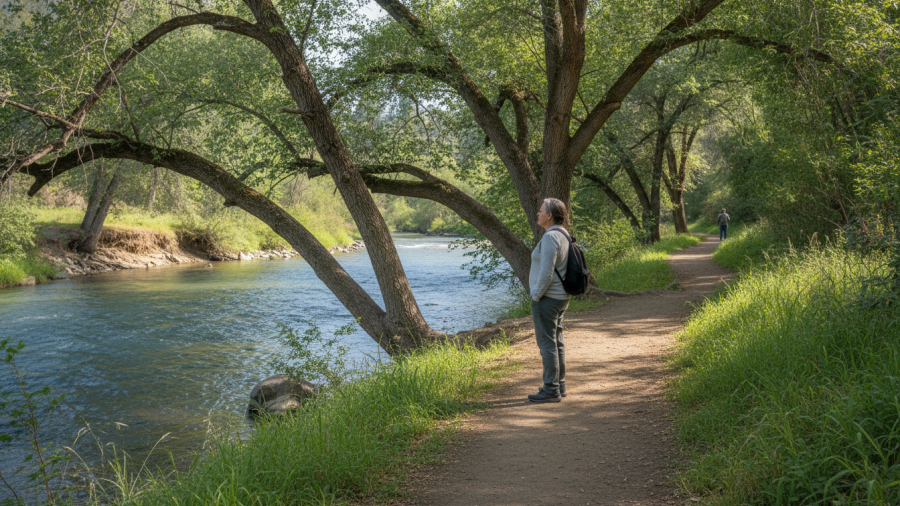 One adult walking slowly along a shaded riverbank trail beside the American River, photographed from a slight distance rather than as a portrait.