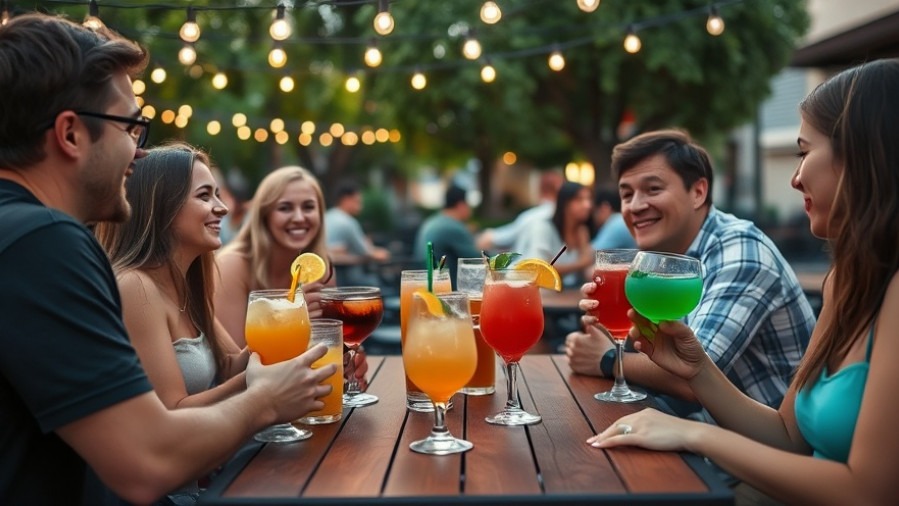 Friends enjoying colorful mocktails at an outdoor café, promoting a healthy lifestyle.