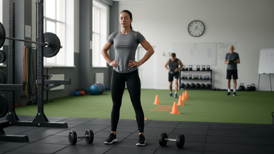 Athlete in training facility balancing strength and recovery with focused intensity.