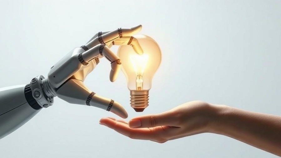 Robotic and human hands holding a lightbulb, symbolizing AI marketing automation innovation.