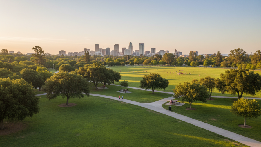 A scenic Sacramento park blending greenery with urban life, showcasing community engagement and health benefits.