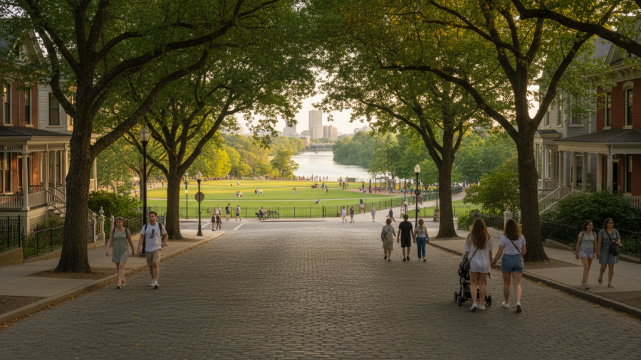 Tree-lined streets embody slow living, perfect for mindfulness and community connection.