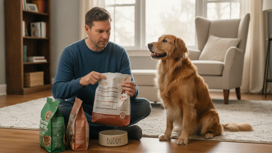 Man choosing pet food for golden retriever, reading labels for best options.